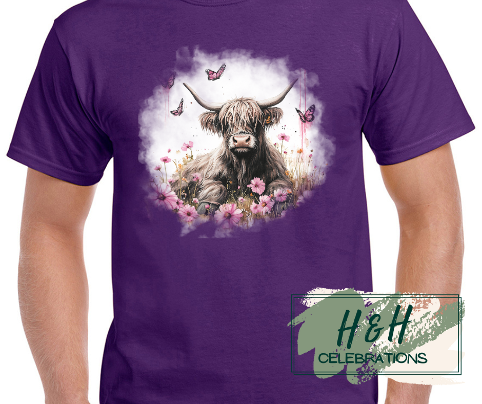 Womens Pink Floral Highland Cow T-Shirt - 15 Colours