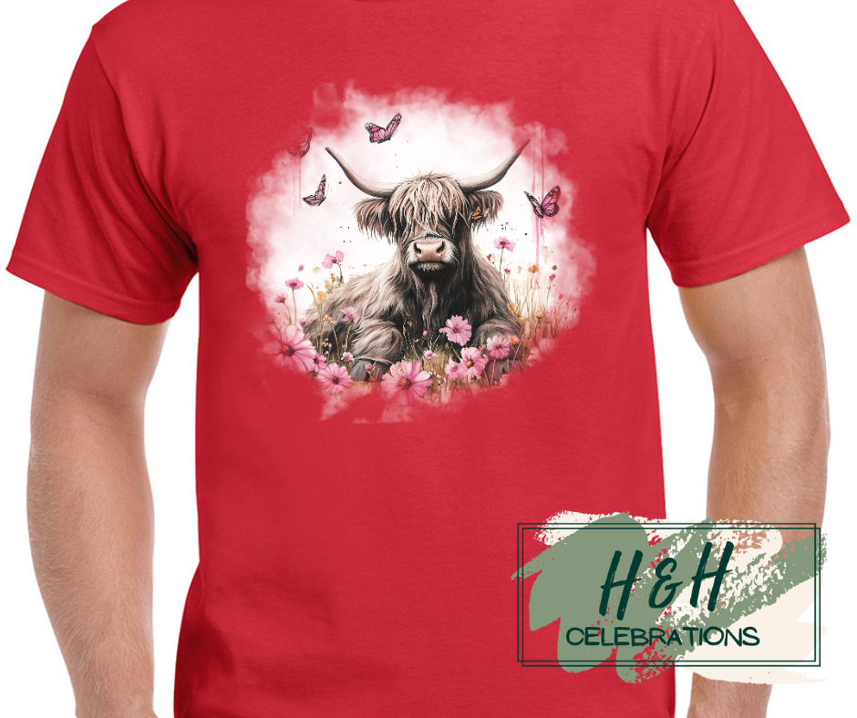 Womens Pink Floral Highland Cow T-Shirt - 15 Colours