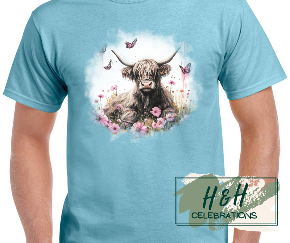Womens Pink Floral Highland Cow T-Shirt - 15 Colours