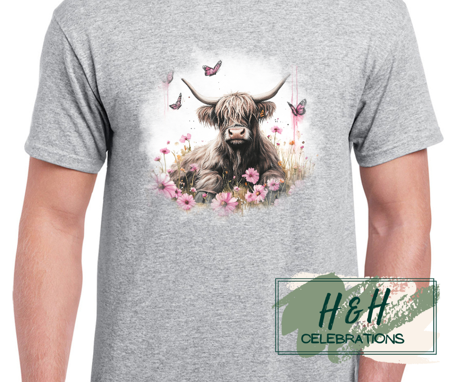 Womens Pink Floral Highland Cow T-Shirt - 15 Colours