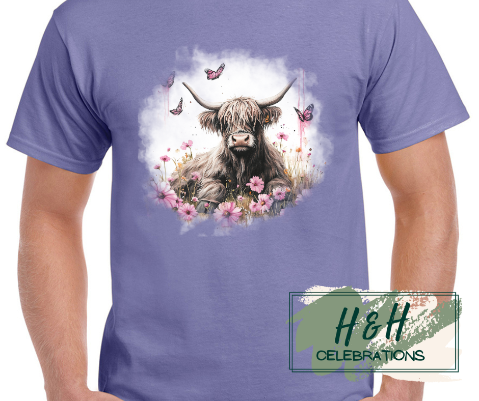 Womens Pink Floral Highland Cow T-Shirt - 15 Colours