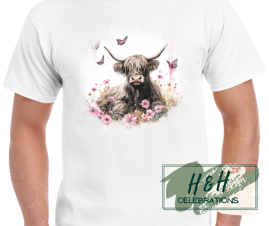 Womens Pink Floral Highland Cow T-Shirt - 15 Colours