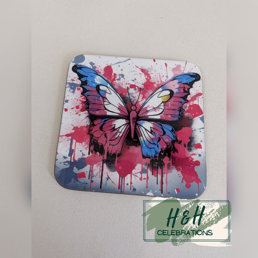 Pink Watercolour Splash Butterfly MDF Coaster - Design 2