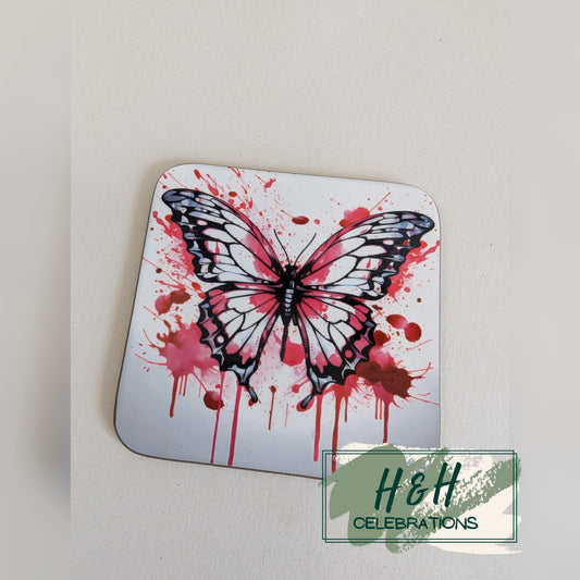 Pink Watercolour Splash Butterfly MDF Coaster - Design 3