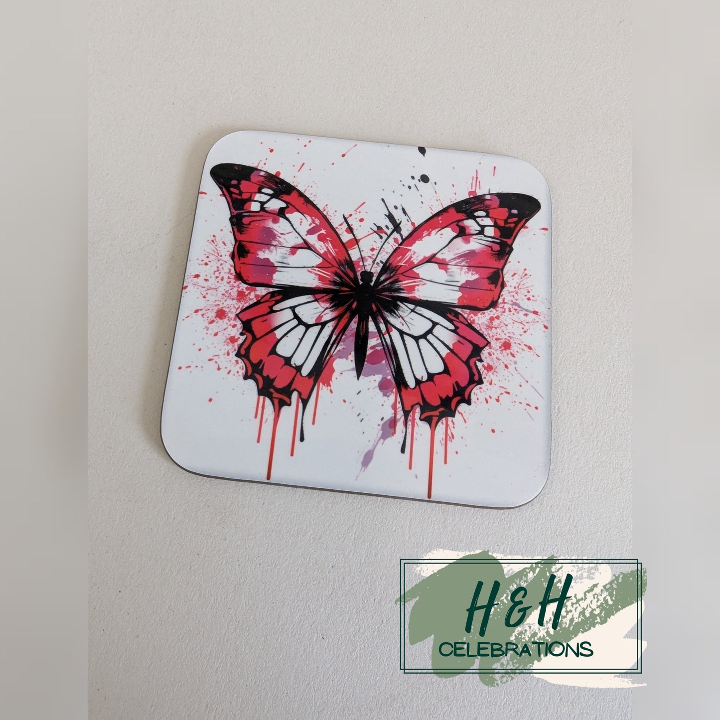 Pink Watercolour Splash Butterfly MDF Coaster - Design 4
