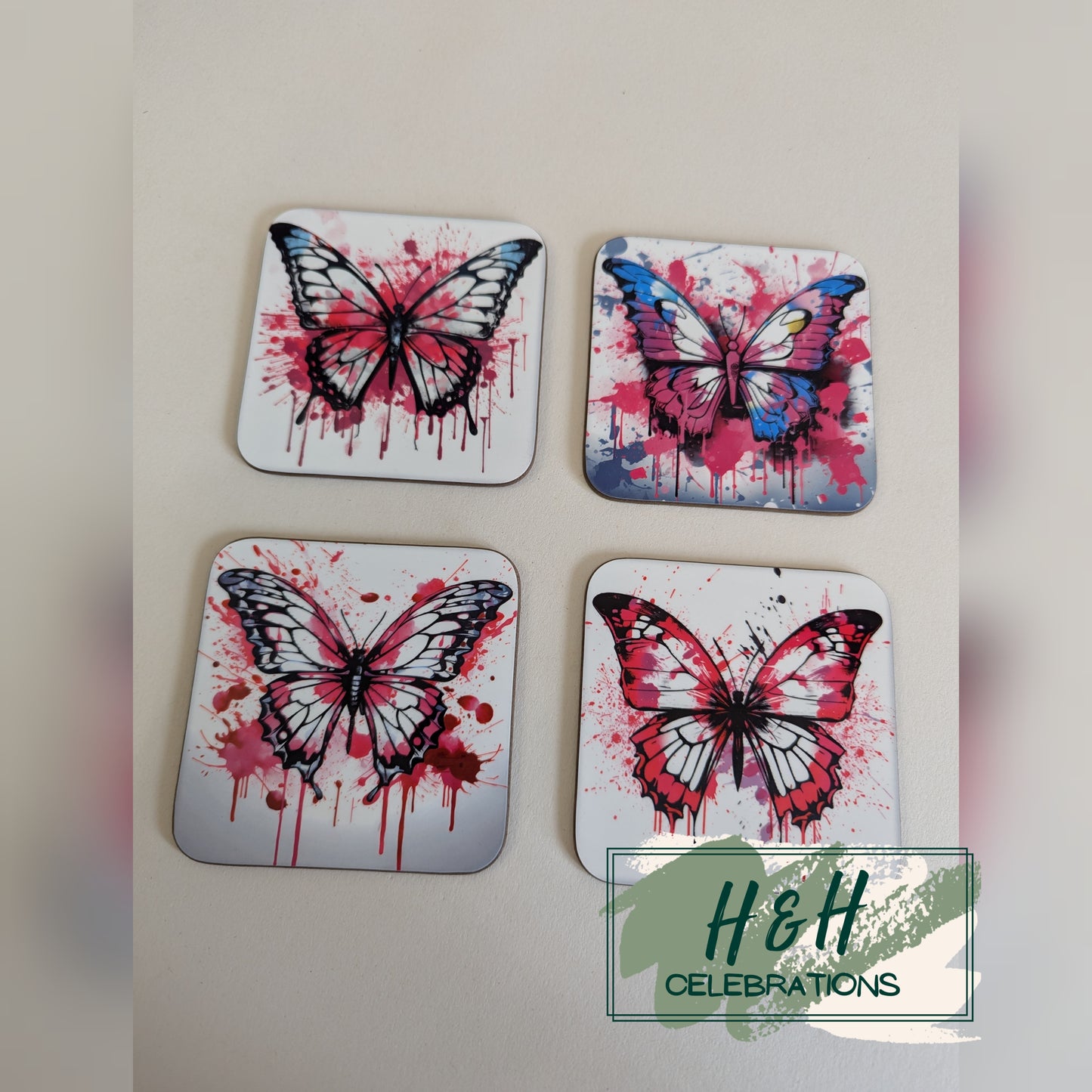 Pink Watercolour Splash Butterfly MDF Coaster - Design 4