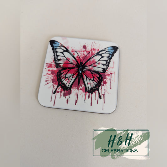 Pink Watercolour Splash Butterfly MDF Coaster - Design 1