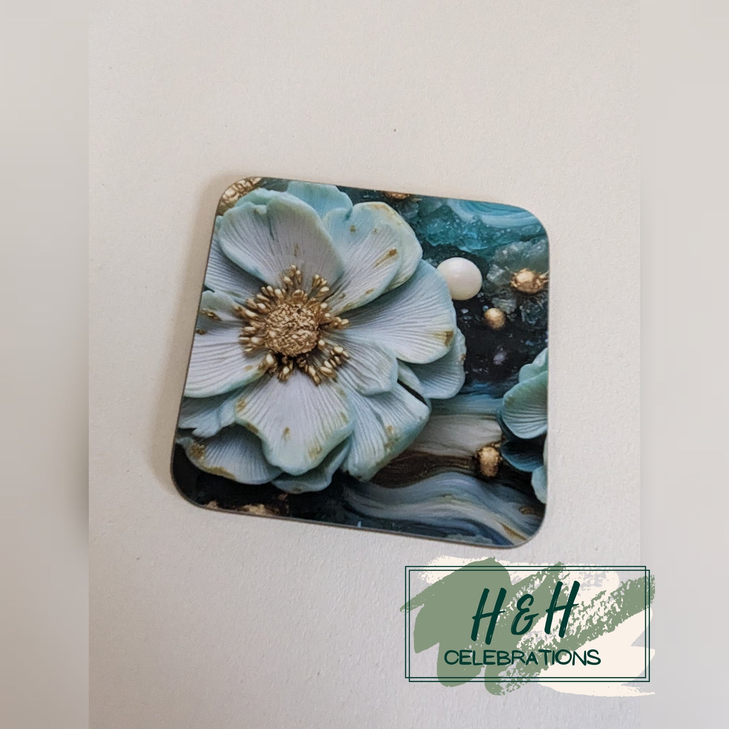 Teal Floral Print MDF Coaster - Design 2