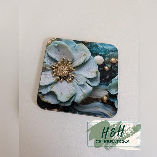 Teal Floral Print MDF Coaster - Design 2