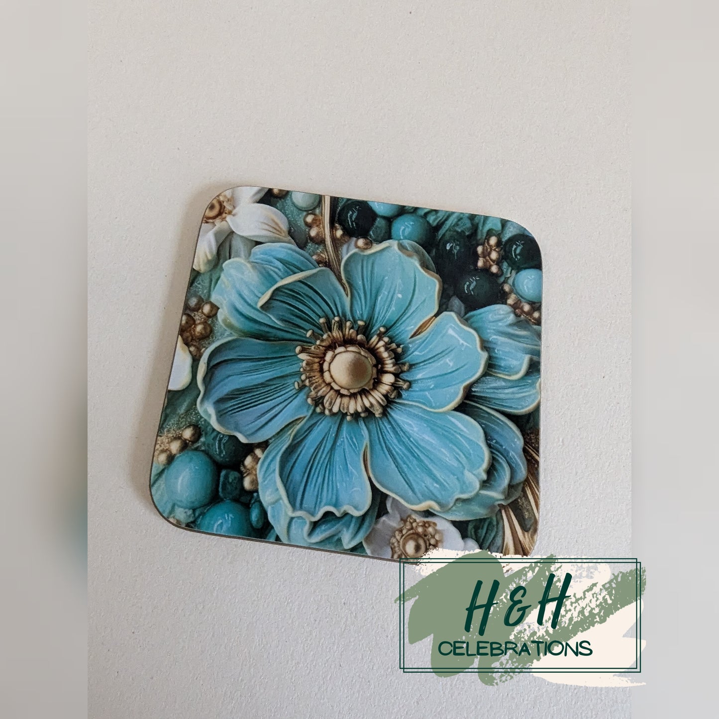 Teal Floral Print MDF Coaster - Design 3