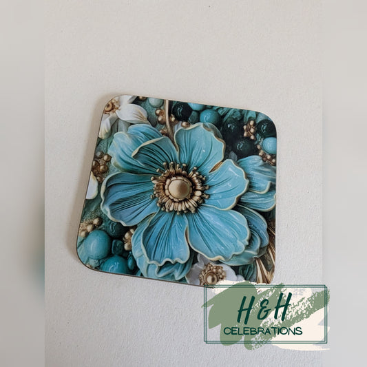 Teal Floral Print MDF Coaster - Design 3