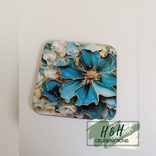 Teal Floral Print MDF Coaster - Design 4
