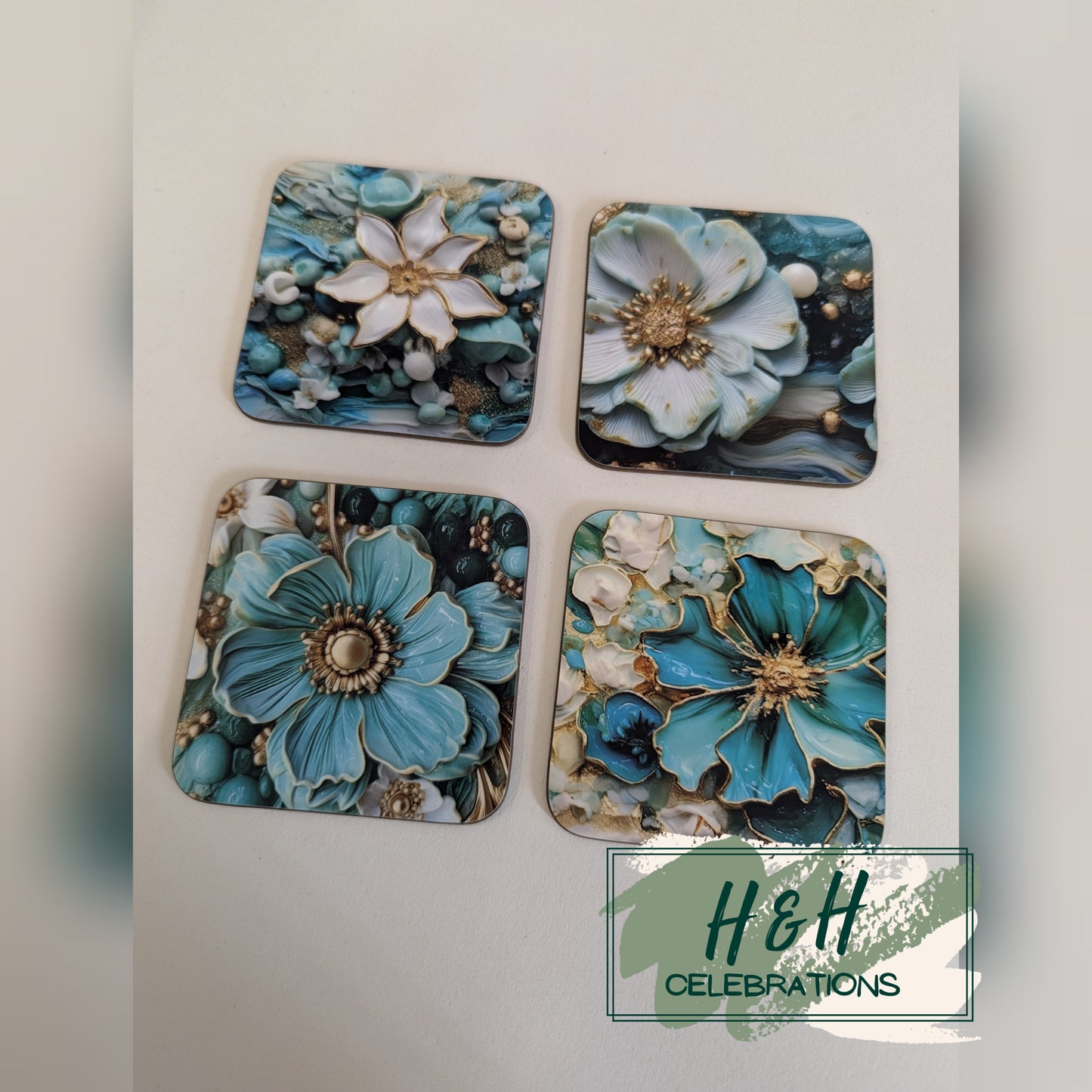 Teal Floral Print MDF Coaster - Design 1