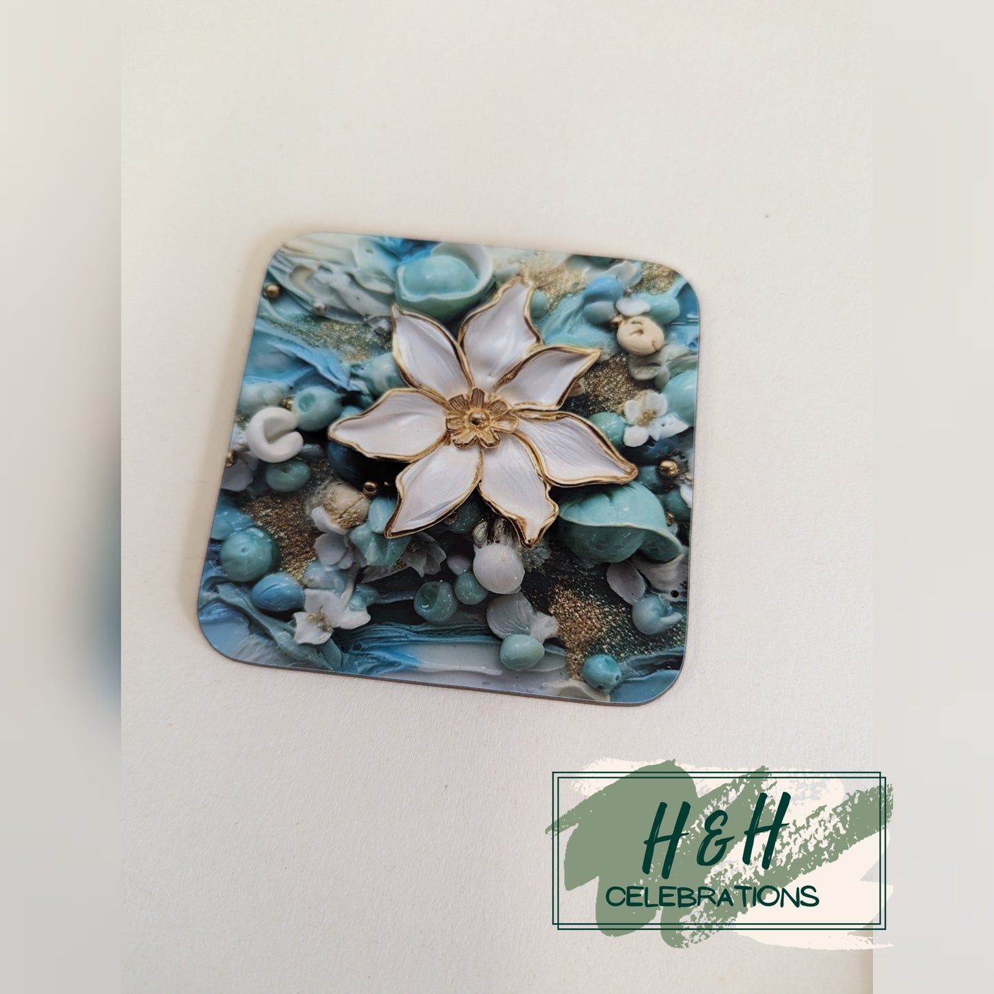 Teal Floral Print MDF Coaster - Design 1