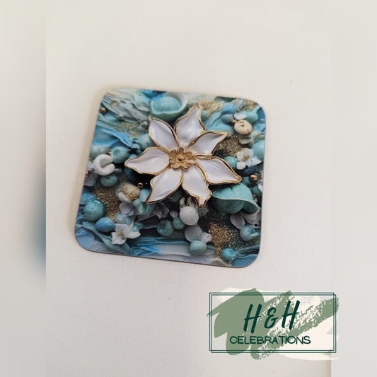 Teal Floral Print MDF Coaster - Design 1