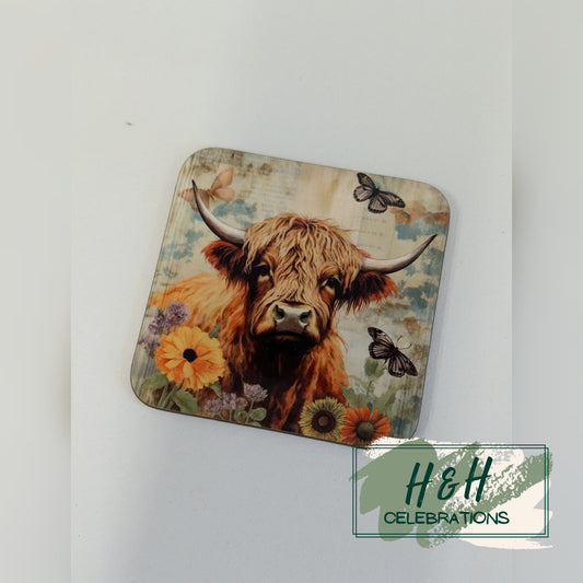 Vintage Highland Cow Print MDF Coaster