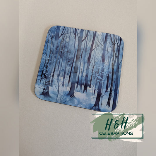 Winter Woodlands Blue And White Print MDF Coaster - Design 2