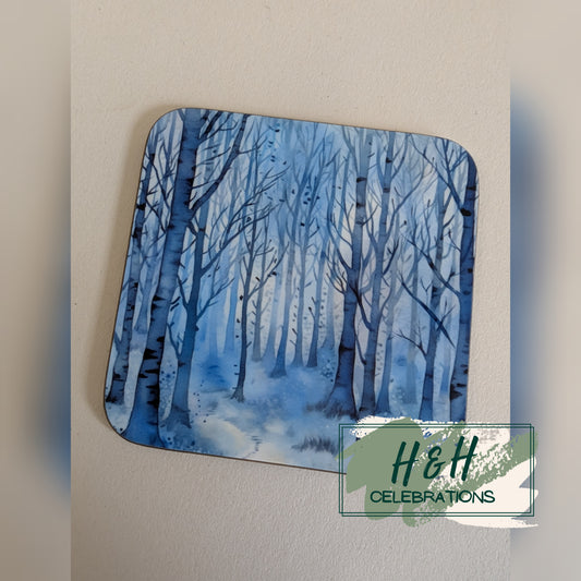 Winter Woodlands Blue And White Print MDF Coaster - Design 3