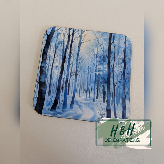 Winter Woodlands Blue And White Print MDF Coaster - Design 4