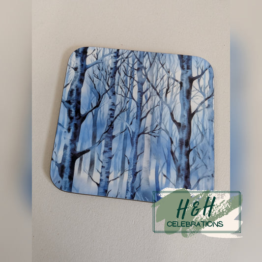 Winter Woodlands Blue And White Print MDF Coaster - Design 1